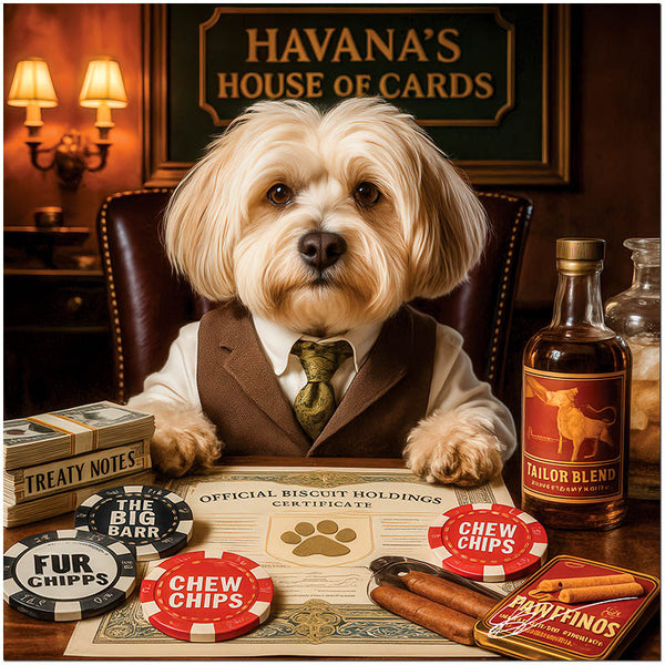 Havanese dog in a brown vest and green tie seated behind a poker desk with chips, cash, a biscuit stock certificate, and a bottle labeled Tailor Blend in Havana’s House of Cards.