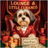 Havanese dog in a red velvet jacket seated at a poker-style table with golden treat chips, Treatos Bills, and a glass labeled Sippy Singe Puhpood under a sign that reads Lounge & Little Cubanos.