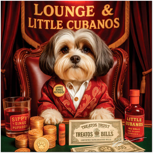 Havanese dog in a red velvet jacket seated at a poker-style table with golden treat chips, Treatos Bills, and a glass labeled Sippy Singe Puhpood under a sign that reads Lounge & Little Cubanos.