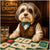 Havanese dog in a bowtie and vest behind a poker table with themed cards, Coco Pawtini, and a Havana Deck Co. sign reading Cuban Croupiers in the background.