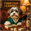 Havanese dog in a green velvet suit seated at a table with dominoes, Pav Pay bills, Poltely Aged drink, and a chew cigar under a sign reading Cuban Cigar Canines.