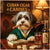 Havanese dog in a green velvet suit seated at a table with dominoes, Pav Pay bills, Poltely Aged drink, and a chew cigar under a sign reading Cuban Cigar Canines.
