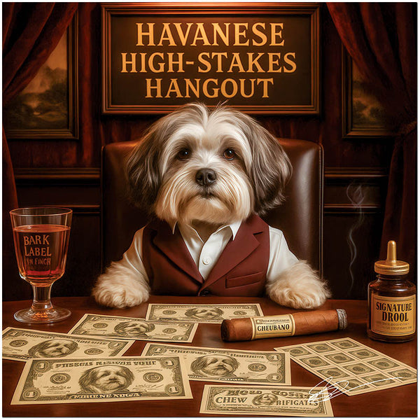 Havanese dog in a burgundy vest at a table with printed money, a chew cigar, a Bark Label drink, and a Signature Drool bottle under a sign reading Havanese High-Stakes Hangout.