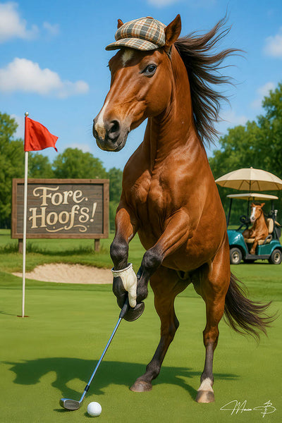 Horse playing golf Fore Hoofs funny metal print for sports man cave