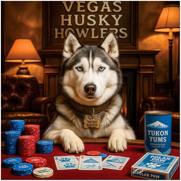 Husky dog seated at a red poker table with red and blue chips, Polar Paw playing cards, a Yukon Yums can, and a sign reading Vegas Husky Howlers in the background.