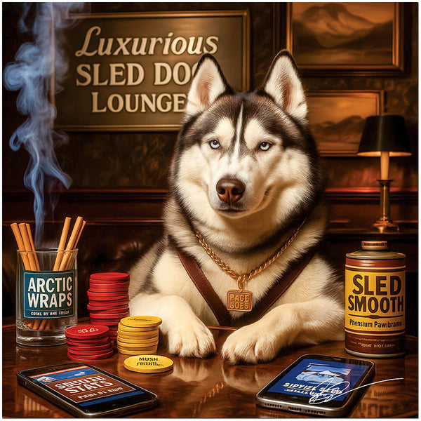 Husky dog seated at a lounge table with poker chips, a drink labeled Sled Smooth, Arctic Wraps in a glass, and two smartphones, under a sign reading Luxurious Sled Dog Lounge.