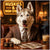 Husky in a suit and tie with the phrase "Stay Pawsitive" sitting at a casino table with poker chips, drink, and cards under a neon sign reading Huskies & High Stakes.