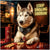 Husky dog in a harness labeled Big Bark HES27 and Siberian Style Club, seated at a table with biscuit tokens and red game chips, under a neon sign reading Strip Strolling Siberian.