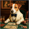 Jack Russel in a white tuxedo and bow tie seated at a poker table with poker chips, paw-print bills, and a drink, under a gold sign that reads Jackpawt Russel.