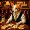 Jack Russel wearing a vest and tie seated at a poker table with themed cards, treat chips, and a whiskey bottle under a sign that reads Pup’s Poker Parlor.