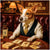 Jack Russel wearing a vest and tie seated at a poker table with themed cards, treat chips, and a whiskey bottle under a sign that reads Pup’s Poker Parlor.