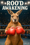 Metal wall art of a humorous kangaroo wearing boxing gloves in a boxing ring