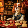 King Charles Cavalier in royal attire seated at a poker table with gold chips, biscuit coins, whiskey, and wooden cards under a sign that reads King Charles’ Jackpots.