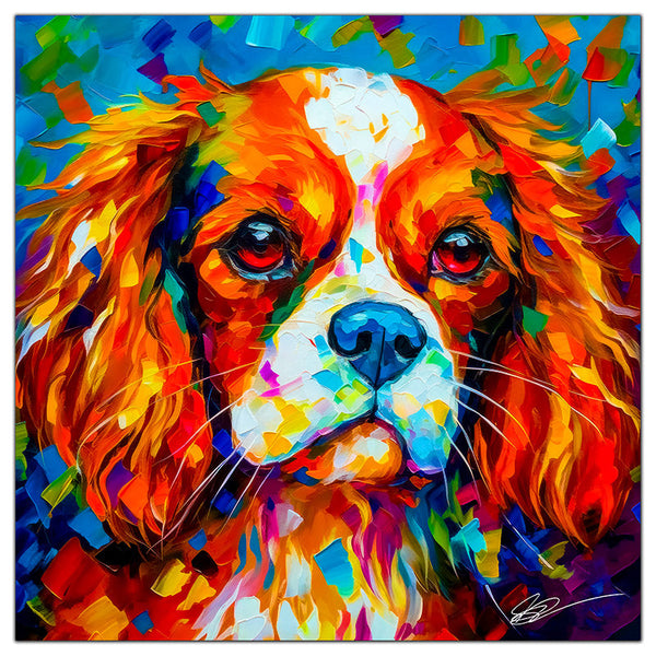 Colorful King Charles Cavalier portrait in modern art style, perfect for home decor.