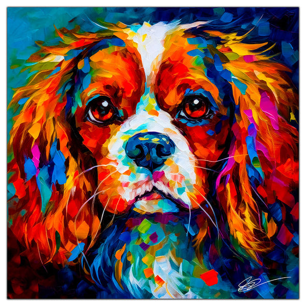 Colorful King Charles Cavalier portrait in modern art style, perfect for home decor.