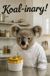 Koala in a chef coat presenting a fresh soufflé in a professional kitchen in artwork titled Koal-inary II