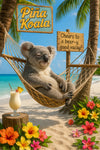 Koala lounging in a hammock on the beach with a piña colada and tropical flowers in artwork titled Piña Koala