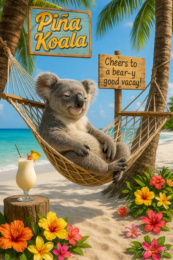 Koala lounging in a hammock on the beach with a piña colada and tropical flowers in artwork titled Piña Koala