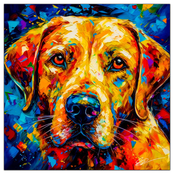 Colorful Labrador Retriever portrait in modern art style, perfect for home decor.