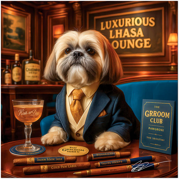 Lhasa Apso in a navy suit and golden tie seated at a luxe lounge table with cocktail, grooming tools, a GRROOM Club menu, and a sign reading Luxurious Lhasa Lounge.