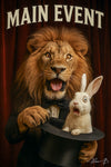 Lion magician humorously reveals surprised rabbit from hat metal print wall art