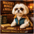 Maltese in sunglasses and a designer denim jacket seated at a luxury table with gold cards, banking books, and a nameplate reading Maltese’s Mingle & Moolah.