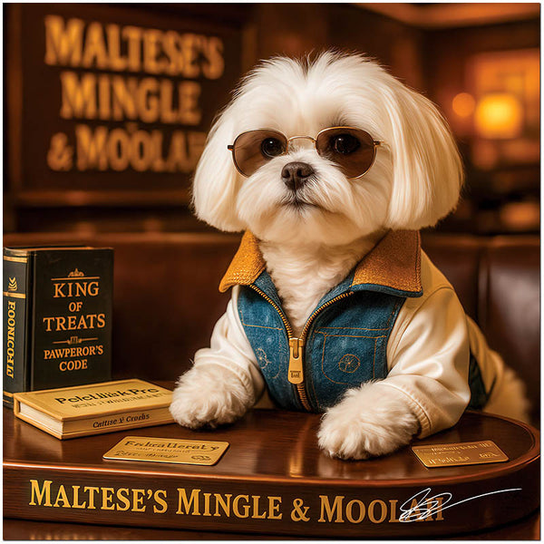 Maltese in sunglasses and a designer denim jacket seated at a luxury table with gold cards, banking books, and a nameplate reading Maltese’s Mingle & Moolah.