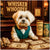 Maltese wearing a teal vest and bowtie seated at a table covered in themed dog currency, Bark Reserve, Melty Treat Co. tins, and rolls of Snout Notes beneath a sign reading Whisker Whoopee.
