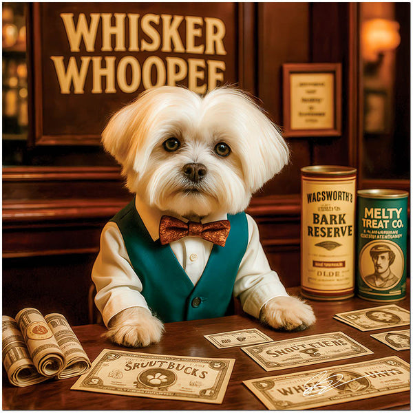 Maltese wearing a teal vest and bowtie seated at a table covered in themed dog currency, Bark Reserve, Melty Treat Co. tins, and rolls of Snout Notes beneath a sign reading Whisker Whoopee.