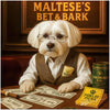 Maltese in glasses and a vest seated at a table with themed currency, Pawlay Picks, and Barksworth investment tins beneath a sign reading Maltese’s Bet & Bark.