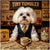 Maltese in a business vest and striped tie sitting behind a desk with Bark Notes, Shout Bonds, a Tiny Tumbler mug, and financial papers beneath a sign reading Tiny Tumbler.
