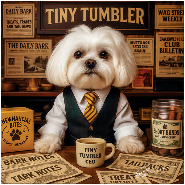 Maltese in a business vest and striped tie sitting behind a desk with Bark Notes, Shout Bonds, a Tiny Tumbler mug, and financial papers beneath a sign reading Tiny Tumbler.