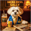 Maltese in a blue vest and golden tie holding a cigar, surrounded by a glass of Chompuccin Swirl, Sally Shots, newspapers, and a lounge sign that reads Smoke Swirl Sally.