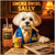 Maltese in a blue vest and golden tie holding a cigar, surrounded by a glass of Chompuccin Swirl, Sally Shots, newspapers, and a lounge sign that reads Smoke Swirl Sally.
