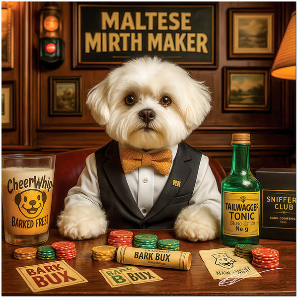 Maltese in a vest and gold bowtie surrounded by Bark Bux, CheerWhip, Tailwagger Tonic, and casino chips beneath a sign reading Maltese Mirth Maker.