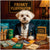 Maltese in a tuxedo seated at a teal velvet bench surrounded by Fetch Funds, snack boxes, cigars, and luxury treat tins beneath a sign reading Frisky Fluffinator.