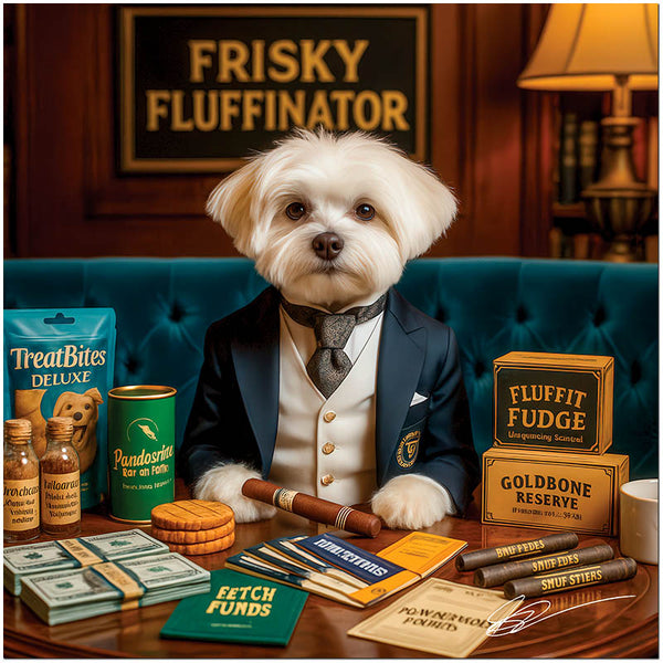 Maltese in a tuxedo seated at a teal velvet bench surrounded by Fetch Funds, snack boxes, cigars, and luxury treat tins beneath a sign reading Frisky Fluffinator.