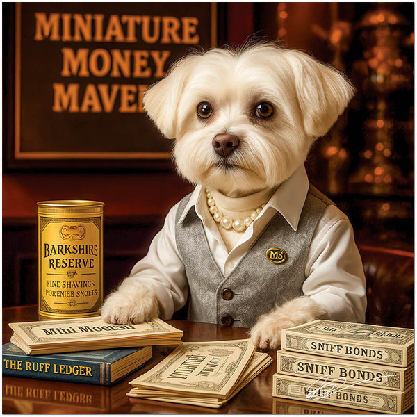 Maltese in pearl necklace and gray vest seated behind stacks of Sniff Bonds, Barkshire Reserve, and Mini Moetahs beneath a sign that reads Miniature Money Mavens.