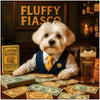 Maltese dog in a suit vest and tie sitting at a table with paw-printed money, Chomp Bonds, and a pint of Furbrew in front of a sign that reads Fluffy Fiasco.