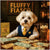 Maltese dog in a suit vest and tie sitting at a table with paw-printed money, Chomp Bonds, and a pint of Furbrew in front of a sign that reads Fluffy Fiasco.