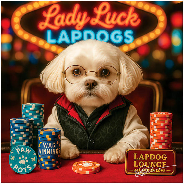 Maltese dog wearing glasses and a vest, sitting at a poker table with orange and blue poker chips in front of a glowing Lady Luck Lapdogs sign.