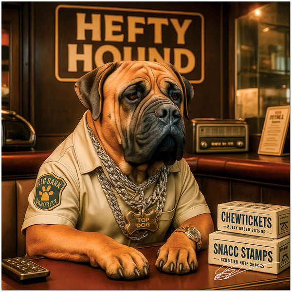 Meet the mastiff who runs the lounge and the loot. Dripping in gold, chewing authority, and owning every inch of the scene. Printed on premium metal. Heavyweight brilliance.