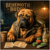 Mastiff dog in leather vest playing poker with bone-themed cards, sitting between Mutt Mud and Bone Broth drinks under a sign that reads "Behemoth Buddy".