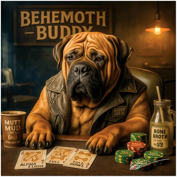 Mastiff dog in leather vest playing poker with bone-themed cards, sitting between Mutt Mud and Bone Broth drinks under a sign that reads "Behemoth Buddy".