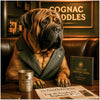 Sophisticated Mastiff in a vest, sitting at a lounge table with a snifter, club manual, and newspaper under a sign that reads "Cognac Cuddles".