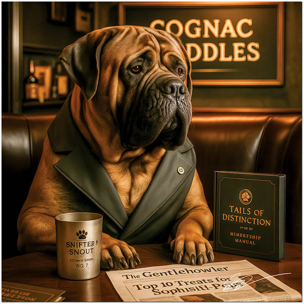 Sophisticated Mastiff in a vest, sitting at a lounge table with a snifter, club manual, and newspaper under a sign that reads "Cognac Cuddles".