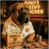 Mastiff wearing a gold chain and custom shirt, seated at a table with a box of deli treats, dollar bills, and snack platters under the neon sign "Dino's Mastiff Muncher".