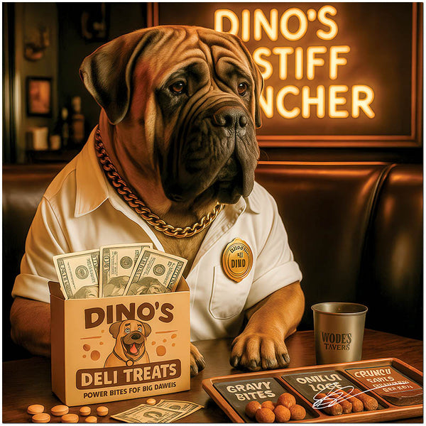 Mastiff wearing a gold chain and custom shirt, seated at a table with a box of deli treats, dollar bills, and snack platters under the neon sign "Dino's Mastiff Muncher".