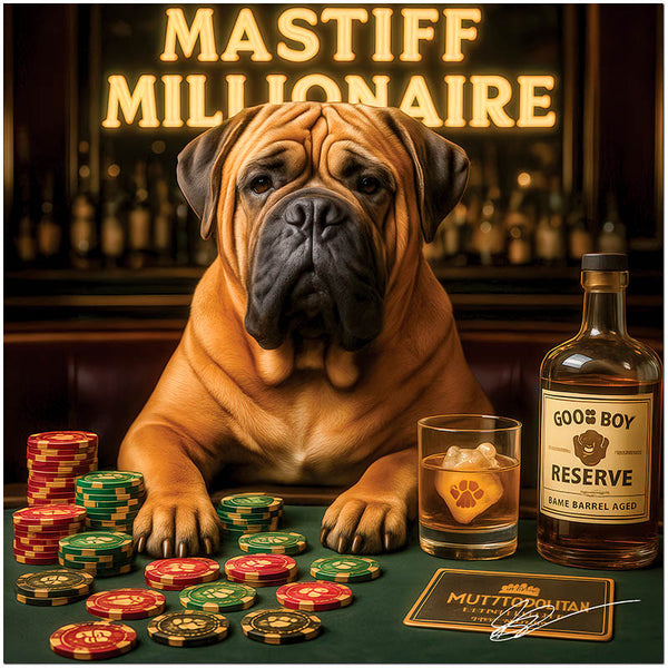 Mastiff dog seated at a poker table with stacks of green, red, and gold chips, a glass of whiskey labeled Goo Boy Reserve, and a neon sign reading "Mastiff Millionaire" behind him.