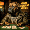 Mastiff wearing a leather jacket and barkwatch gear, seated at a poker table with a full house hand, glass of whiskey, and chips in a moody casino setting.